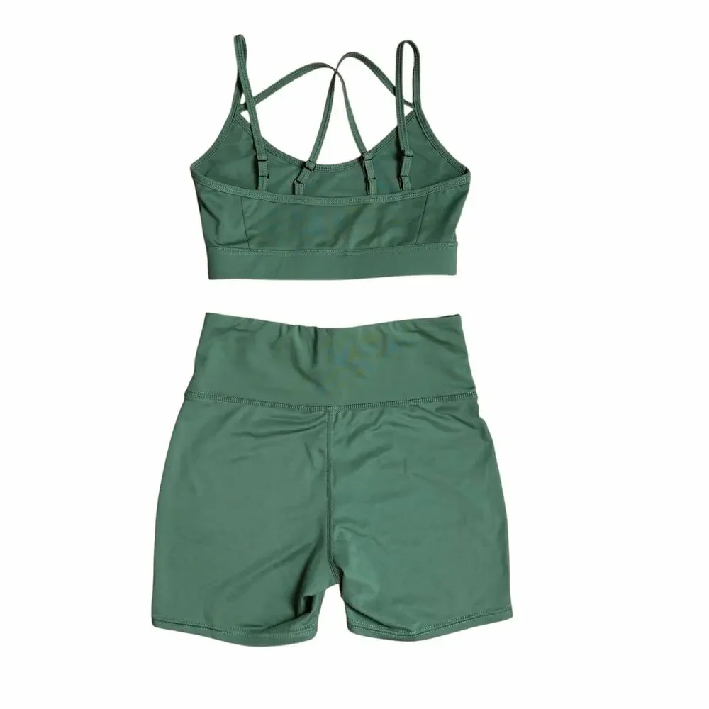 South Beach Sage Green Activewear Set Small Bra Top & Shorts Workout Fitness